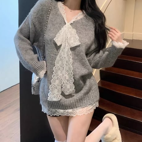 レース×ニットゆるトップス3色
