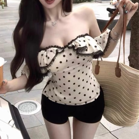Dot frill off shoulder tops