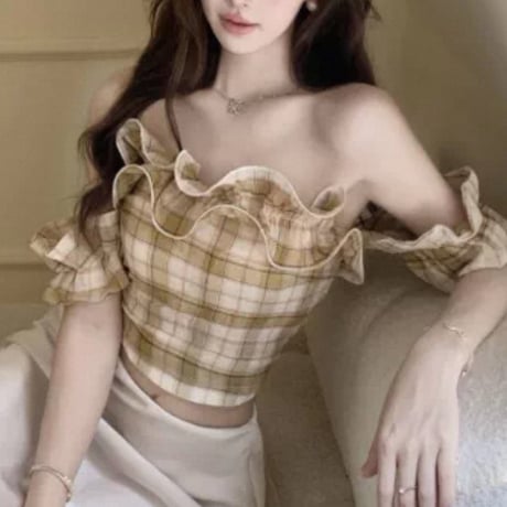 Check Frill Off-Shoulder Top