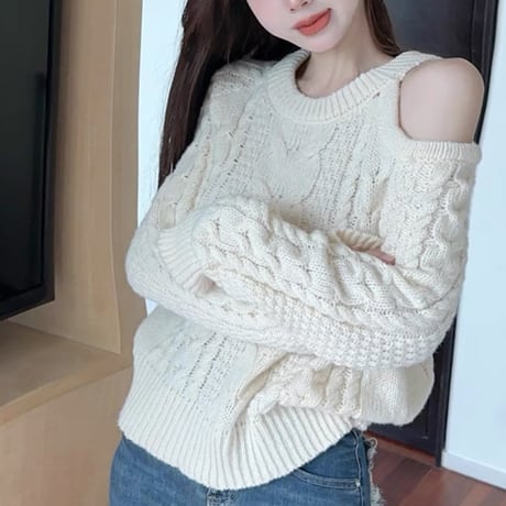 shoulder open knit tops 3色