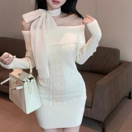 Ribbon Off Shoulder Knit Dress 3色
