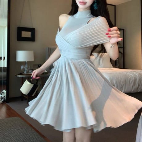 Mesh Shoulder Pleated Dress 2色