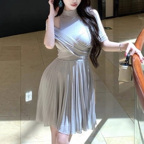 Mesh Shoulder Pleated Dress 2色
