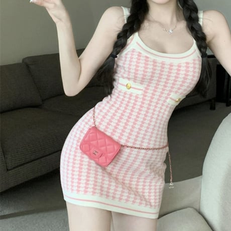 pink 千鳥柄キャミワンピ