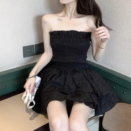 Shirring bare top dress 2色