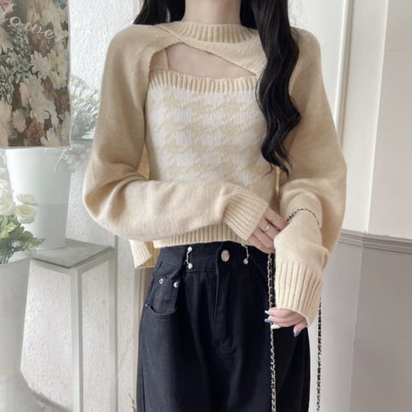 ちゃむこ様ご着用♡千鳥柄ニットキャミ＋スリーブセット4色