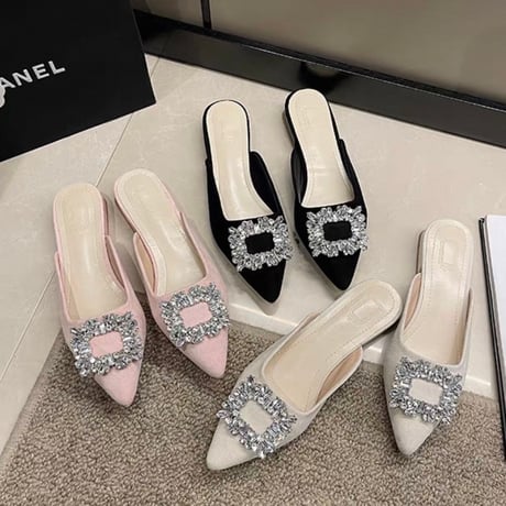Crystal Buckle Pointed Mules 3色