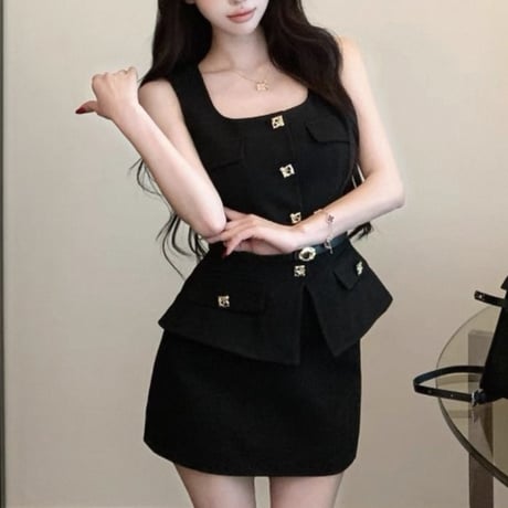 Square Gold Button Peplum Mini Set