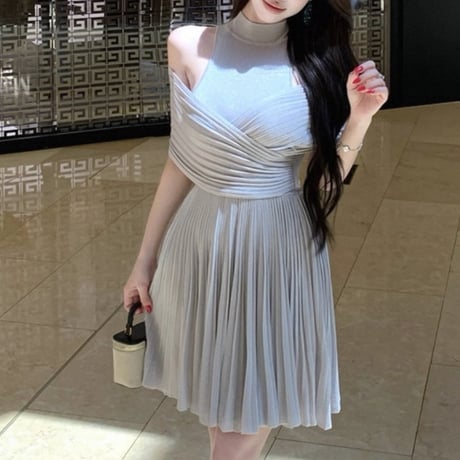 Mesh Shoulder Pleated Dress 2色