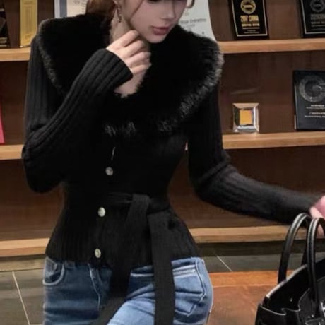 Faux Fur Belted Knit 2色