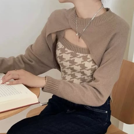 ちゃむこ様ご着用♡千鳥柄ニットキャミ＋スリーブセット4色