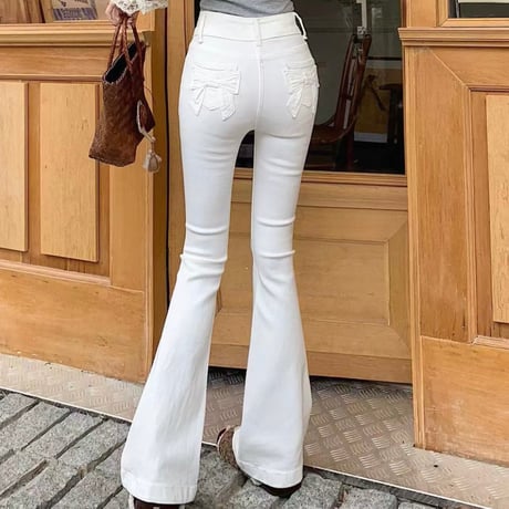 Back Ribbon High Waist Denim 2色