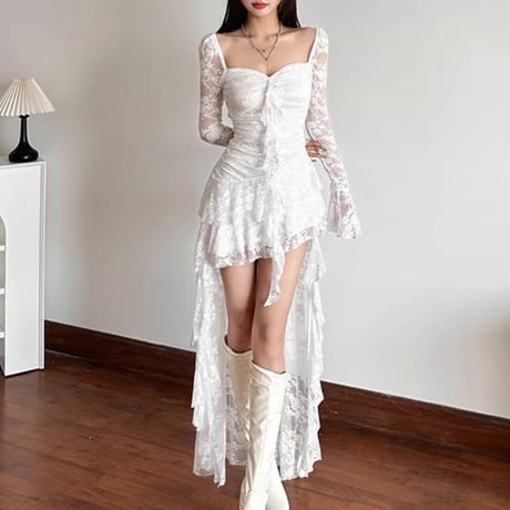 Asymmetry design lace dress 2色
