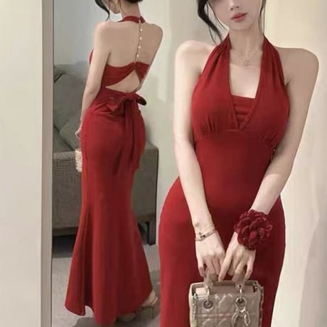 Back Jewel Halter Dress 3色