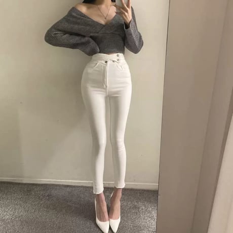 double button skinny pants 2色