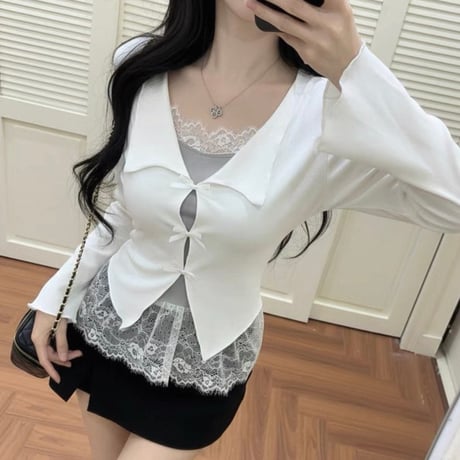 Ribbon Lace Layered Knit Top 5色