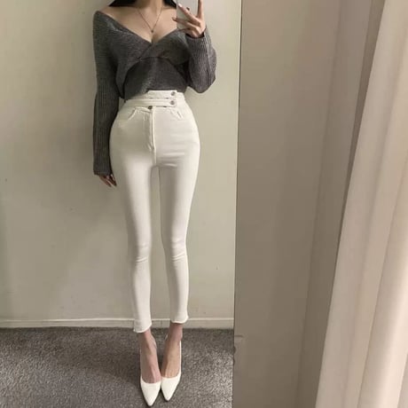 double button skinny pants 2色