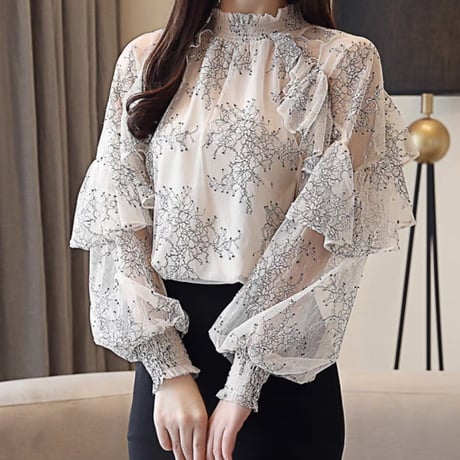 Flower lace sheer tops 3色