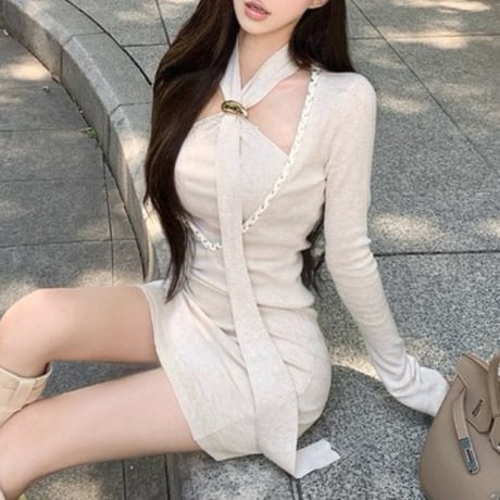 Ribbon Neck Cutout Dress 2色