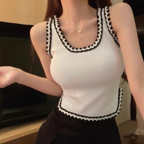 Ribbed Trim Tank Top 2色