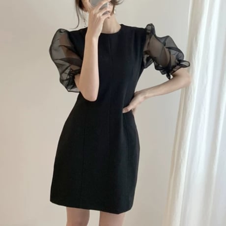 black パフスリ シースルー ワンピ