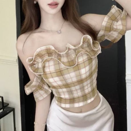 Check Frill Off-Shoulder Top