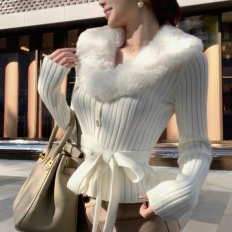 Faux Fur Belted Knit 2色