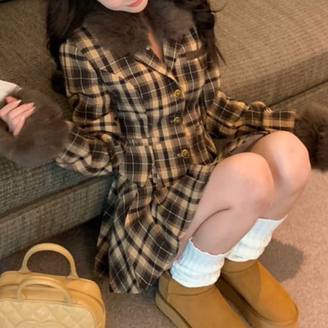 チェック×ファー brown セットアップ