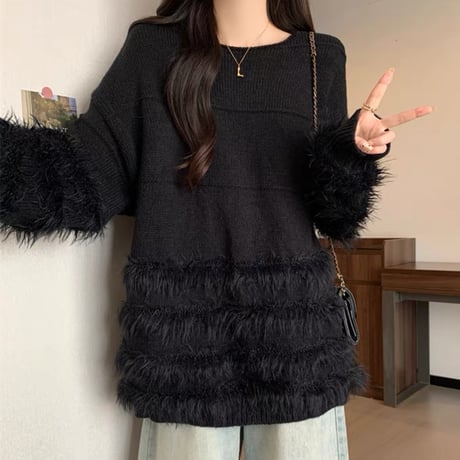 ファー付きゆる長袖トップス