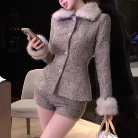 Fur Collar Tweed Short Set up