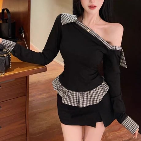 Off-Shoulder Check Accent Tops