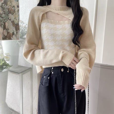 ちゃむこ様ご着用♡千鳥柄ニットキャミ＋スリーブセット4色