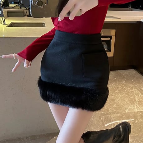 裾ファーポケット付きスカート2色