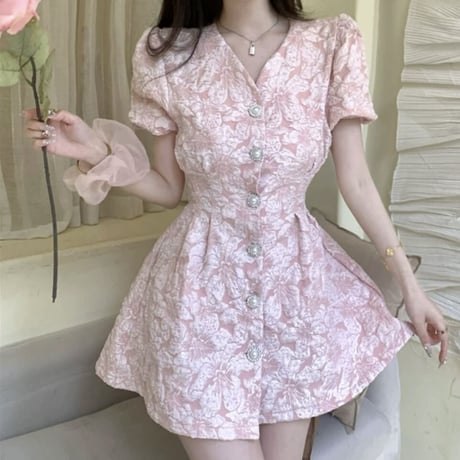背中あきフローラル半袖ワンピ 3色