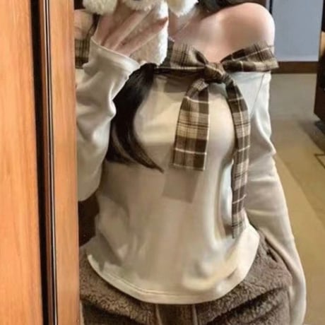 Plaid Ribbon Off Shoulder Knit Top 2色