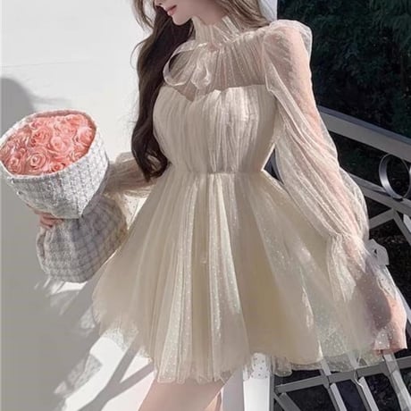tulle ribbon dress op 2色