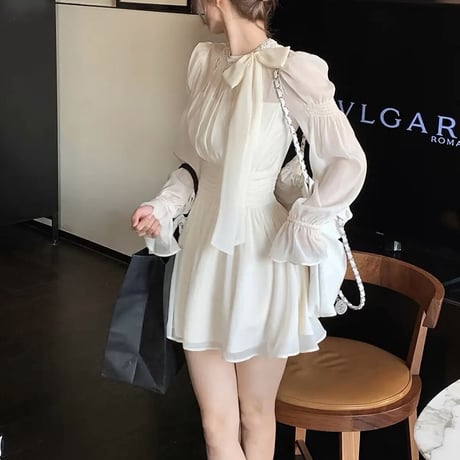ビジューリボンシフォン長袖ワンピ