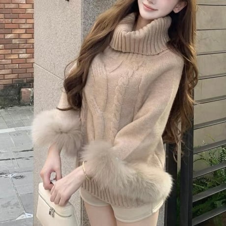 Fur Cuff Turtleneck Cable Knit