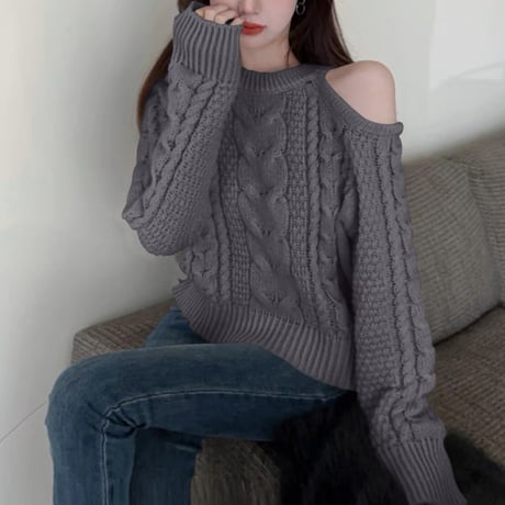 shoulder open knit tops 3色