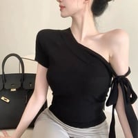 One shoulder ribbon tops 2色