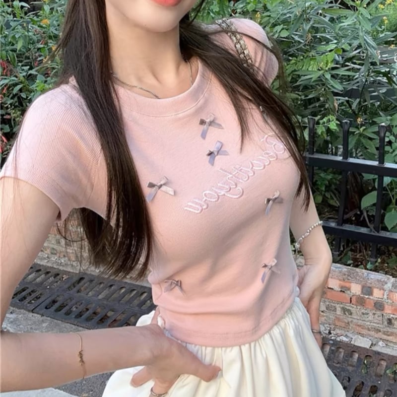 トップス Lala shirring ribbon tops AM1548 ANDMARY】Lala shirring ribbon tops