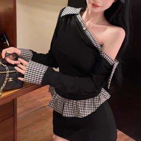 Off-Shoulder Check Accent Tops