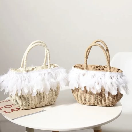 feather straw bag 2色