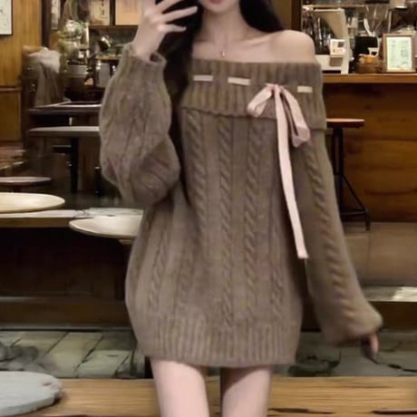 Ribbon Detail Off-Shoulder Cable Knit