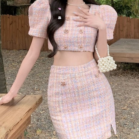 pink tweed 半袖セットアップ