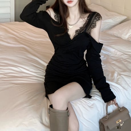 lace shoulder 長袖ワンピ 2色