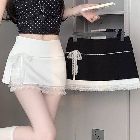 Lace ribbon mini skirt 2色