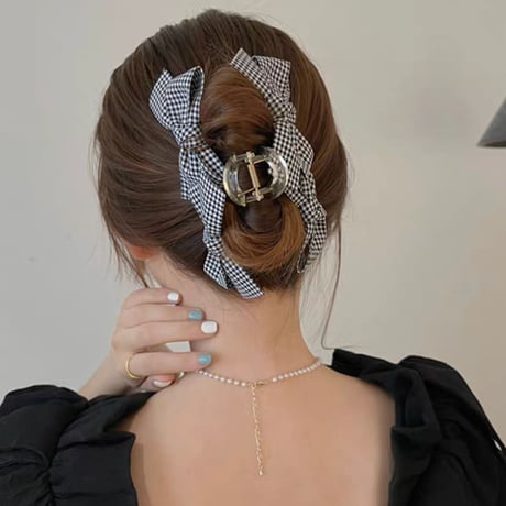 ギンガムチェックリボン ヘアクリップ