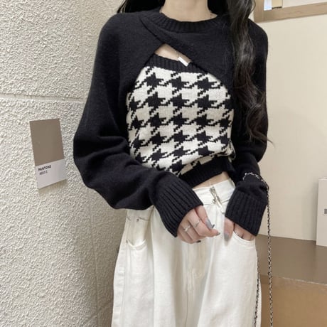 ちゃむこ様ご着用♡千鳥柄ニットキャミ＋スリーブセット4色