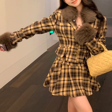 チェック×ファー brown セットアップ